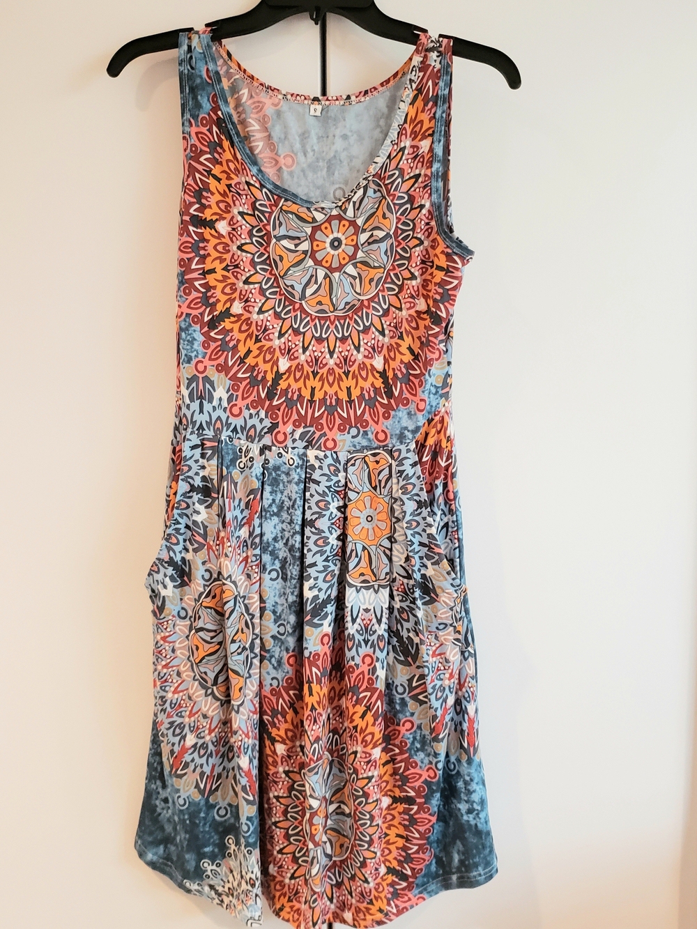Sleeveless Boho Floral Medallion Dress in Blue & Orange